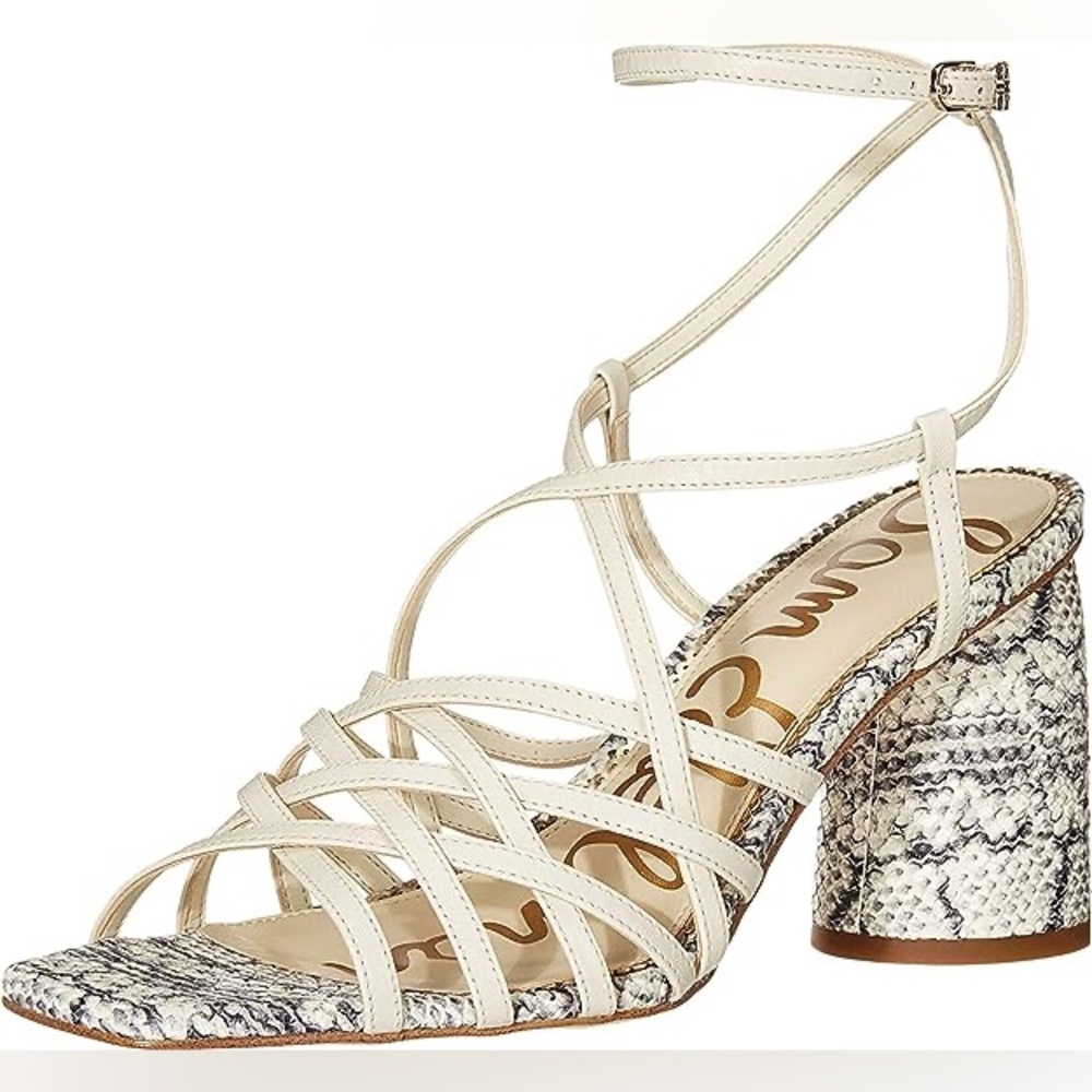 Sam Edelman Daffodil Snakeskin Ivory Strap Sandal Cylinder Heel Size 8M NEW